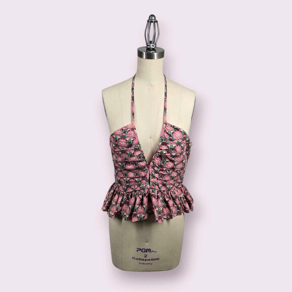 Natural Life Cropped Halter Top Sz M Pink Green Floral Print Ruffles Boho